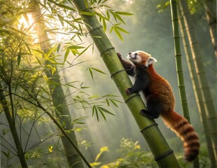 Fototapeta premium Cute Red Panda Playing in Bamboo Forest with Lush Greenery