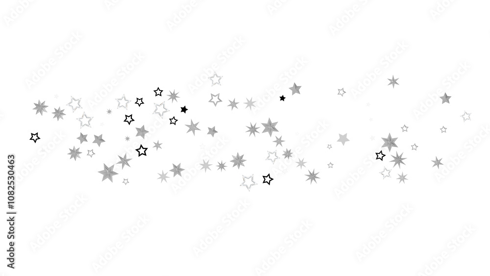 Poster abstract image of scattered silver stars on a black background. the stars are of different sizes and