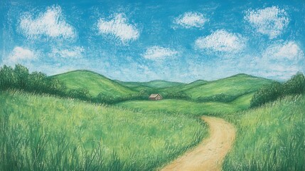 Obraz premium Scenic landscape painting featuring lush green hills and a serene pathway rural environment artistic masterpiece tranquil viewpoint