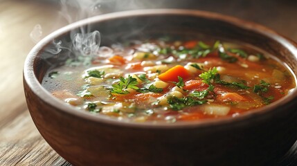 Delicious steaming bowl of vegetable soup with fresh herbs, vibrant colors, and rich textures, ideal for promoting healthy eating and comfort food recipes.