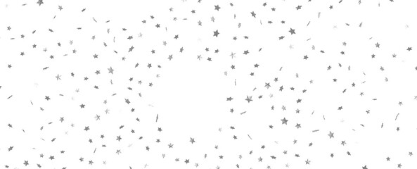 Silver star of confetti. Falling stars on a white background. Illustration of flying shiny stars.
