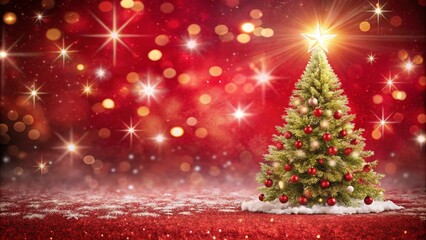 Obraz premium Christmas background with xmas tree and sparkle bokeh lights on red canvas background. Merry christmas card. Winter holiday theme. Happy New Year. Space for text 