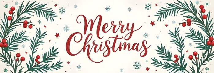 Obraz premium A colorful and festive banner celebrating Christmas, adorned with beautiful pine branches and vibrant poinsettia flowers, perfect for the holiday spirit