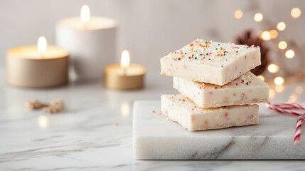 Christmas candy fruity concept, A serene setting featuring stacked dessert pieces, surrounded by candles and festive decorations, evoking a cozy, festive atmosphere.