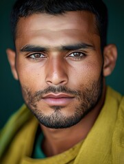 Obraz premium Portrait of a young Afghan man with a beard with a thoughtful expression, soft studio lighting on a dark background