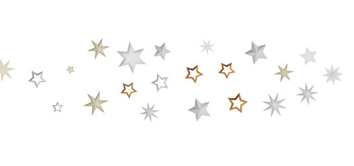 A scattering of gold, white, and silver stars against a black background.