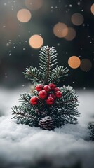 Small christmas tree with red berries and pine cone covered in snow