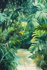 Fototapeta premium Elegant Garden Design with Watercolor Illustration in lushed landscape