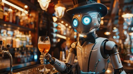Fototapeta premium A humanoid robot with a top hat and bowtie holding a glass of cocktail at a bar.