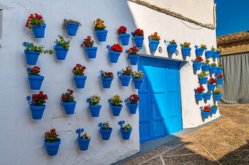 White houses with blue flower pots with flowers on the walls, Iznajar village, Cordoba province,...