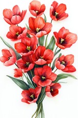 Obraz premium Hand Drawn Watercolor Tulip Bouquet, Vibrant Red Flowers for Wedding Celebration