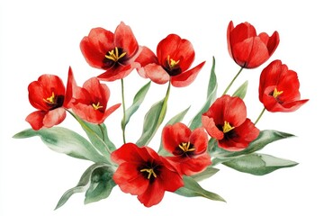 Hand-Drawn Red Tulip Bouquet: Vibrant Watercolor Floral Illustration for Greeting Cards