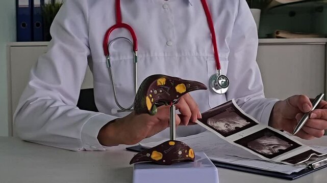 Doctor ultrasound liver to the clinic. 