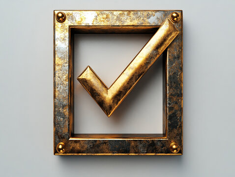 Gold tick in a gold frame on a white background