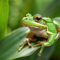 Fototapeta premium Close up of a frog sitting on a leaf, suitable for nature and wildlife themes.