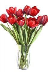Hand-Drawn Watercolor Tulips Bouquet. Red Flowers with Green Leaves on White Background