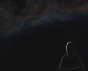 A person gazes up at a mesmerizing night sky filled with stars and colorful galaxies, contemplating...