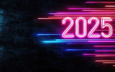 High-energy digital poster with  the word "2025"  in bold, surrounded by neon lights, perfect for online events