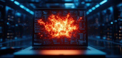Supply chain security risks concept. An abstract visualization of data processing, featuring vibrant orange and blue elements on a dark background, evoking a sense of technological advancement.