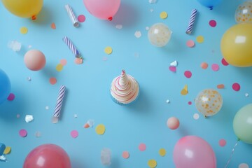 Fototapeta premium Birthday Party Scene with Balloons and Confetti on a Blue Background