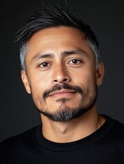 Obraz premium Portrait of a young Bolivian man with a beard with a thoughtful expression, soft studio lighting on a dark background