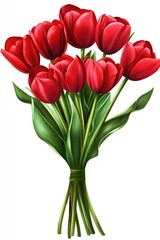 Red Tulip Flower Bouquet. Hand-Drawn Watercolor Illustration with Vibrant Blooms and Green Leaves