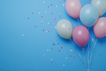 Birthday Party Scene with Balloons and Confetti on a Blue Background