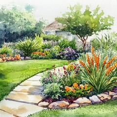 Obraz premium Serene Greenery. Watercolor Landscape Design Featuring Lush Plants and Ornamental Flowers