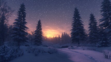Snowy forest with tall trees at sunset with a dusting of snow and starry night sky.