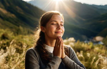 young woman with praying hands and rays of light, woman prayer smiling and hoping