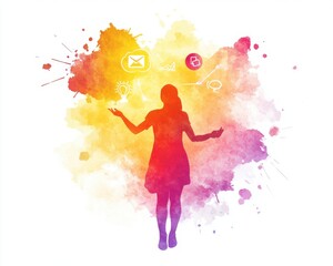 Obraz premium Silhouette of a woman in colorful paint splashes with icons representing communication.