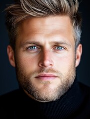 Obraz premium Portrait of a young British man with a beard with a thoughtful expression, soft studio lighting on a dark background
