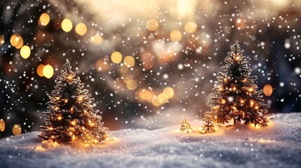Obraz premium Christmas trees covered by snow with golden lights glowing in winter wonderland landscape