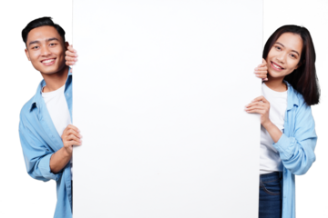 Asian man and woman with blank poster isolated transparent