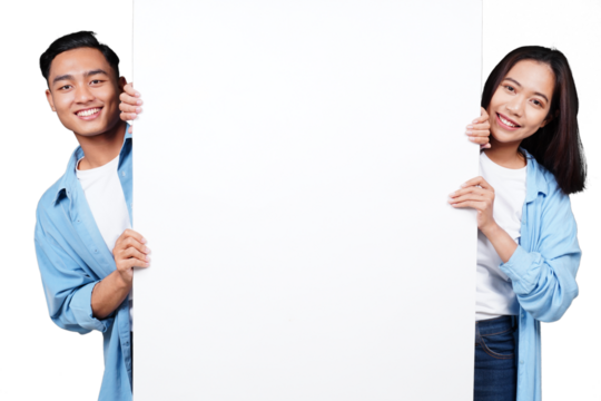 Asian man and woman with blank poster isolated transparent