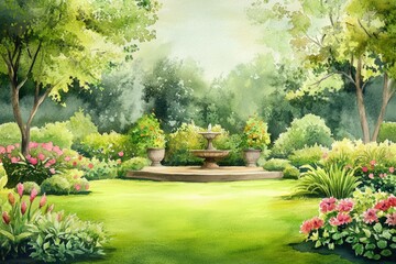 Obraz premium Watercolor Botanical Garden Landscape Design with Flower Beds and Decorative Elements