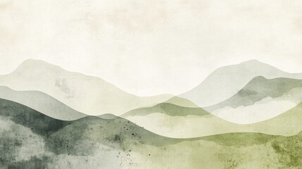 Abstract watercolor landscape with soft green and gray mountain layers, AI