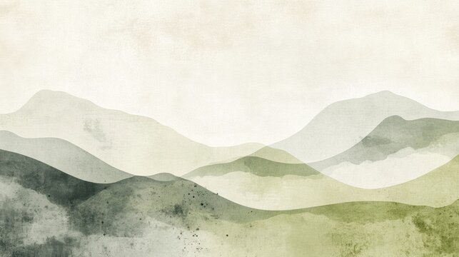 Fototapeta Abstract watercolor landscape with soft green and gray mountain layers, AI