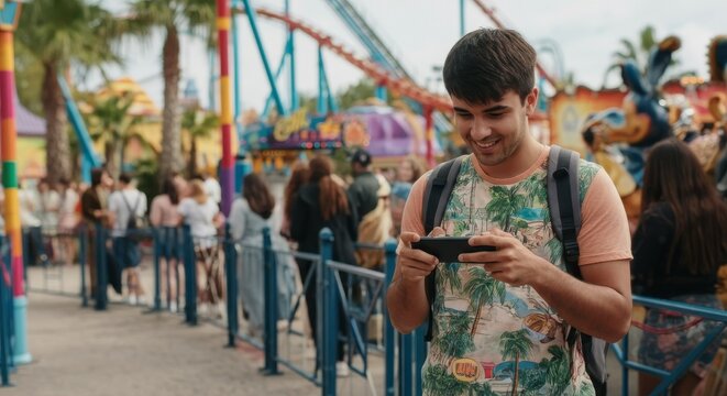 Young man enjoying mobile gaming at a vibrant amusement park with roller coasters background - Powered by Adobe