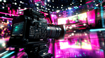 broadcast camera in lively TV studio setting, capturing vibrant lights and colorful backgrounds, showcasing excitement of live television production