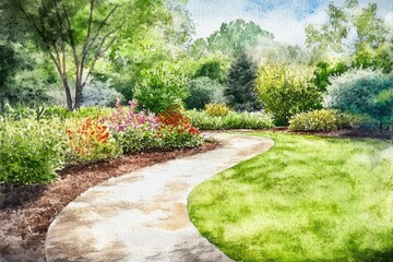 Obraz premium Watercolor Landscape Design: Garden Flower Bed with Walking Path in Modern Environment