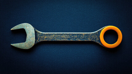 Closeup of black tool with yellow accents, showcasing worn wrench design. This highlights details and texture of tool, perfect for industrial themes