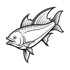 dolphin (mahi-mahi fish) fish design, labeled linocut vector silhouette illustration.