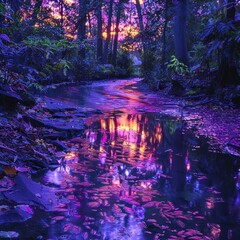 Obraz premium A vibrant, purple sunset reflected in a still stream, creating a magical atmosphere in a forest.