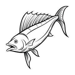 dolphin (mahi-mahi fish) fish design, labeled linocut vector silhouette illustration.