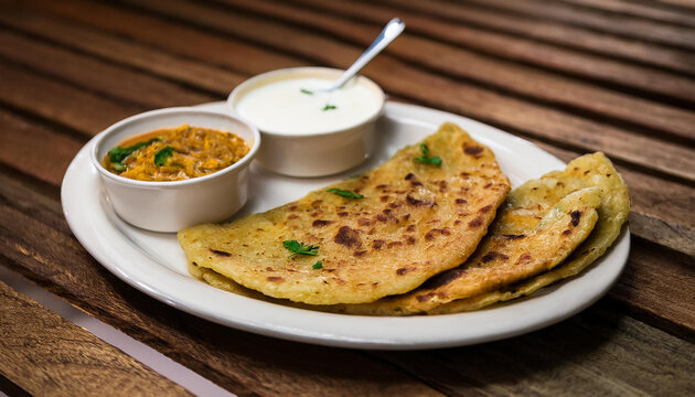 Delicious aloo paratha served with sauces on wooden table. Tasty food. Delicious snack. Close-up.