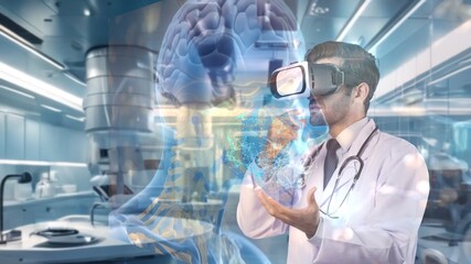 Smart doctor with VR glasses standing while looking and checking at brain hologram. Skilled medical worker diagnosis symptom while using virtual reality technology and analyzing symptom. Apparatus.