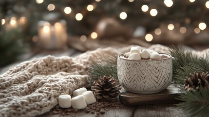 Cozy Hot Chocolate with Marshmallows Surrounded by Holiday Decor
