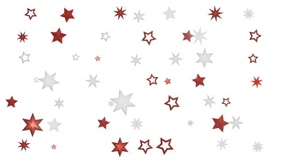 A black background with white and red stars of different sizes scattered throughout.