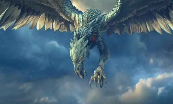 A mythical bird creature with large wings and fierce expression emerging from clouds.